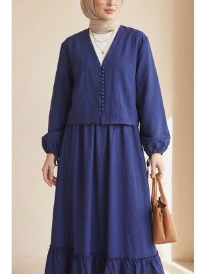 Moda Morfo V Yaka Kolları Bağcıklı Top Düğmeli Etekli Viskon Takım  -Laci