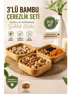 Tunay Bambu Kare 3’lü Çerezlik Kase Seti- Sunumluk Kase
