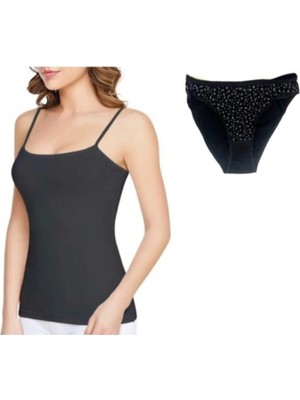 Tutku Kadın Siyah Pamuklu 3'lü Ribana Ip Askılı Atlet & Tekli Desenli Bikini