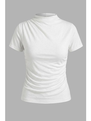 AKD Atelier Kadın T-Shirt Kısa Kollu Taşlı Drapeli Sandy Kumaş Kısa Şık Bluz