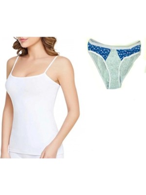 Tutku Kadın Beyaz Pamuklu 3'lü Ribana Ip Askılı Atlet & Tekli Desenli Bikini