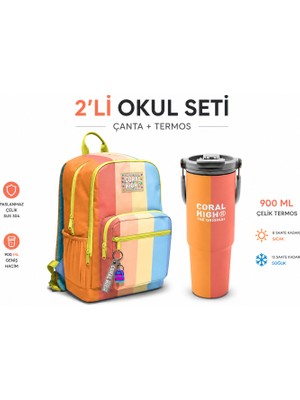 Coral High Renkli Çizgili Dört Bölmeli Sırt Çantası 23680+ÇELIK Termos 900 ml 38746