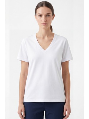 goffra Kadın Vision V Yaka Premium Kalite Yoğun Dokulu Pamuklu T-Shirt Beyaz W102-R0220-01