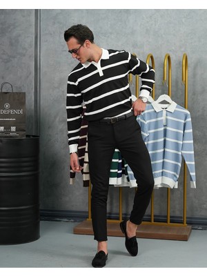 Modefendicom Pamuk Likra Slim Fit Örgü Yatay Desen Yaka Şerit Detaylı Polo Yaka Kazak