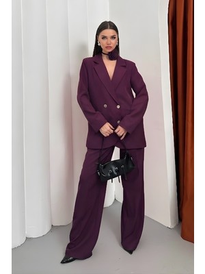 AKD Atelier Kadın Ikili Blazer Ceket Pantolon Takım Aksesuar ve Düğme Detaylı Bol Paça