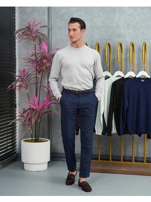 Modefendicom Slim Fit Kalıp Pamuk Likra Sade Bisiklet Yaka Triko Kazak