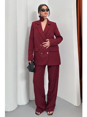 AKD Atelier Kadın Ikili Blazer Ceket Pantolon Takım Aksesuar ve Düğme Detaylı Bol Paça