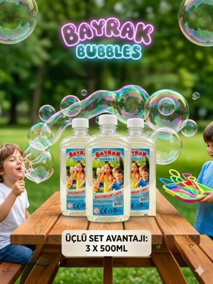 Farbu Oyuncak Bayrak Bubbles Baloncuk Likiti 3’lü Set – 3 x 500 ml Büyük Boy – Özel Formüllü, Leke Yapmayan Dev Baloncuk Suyu