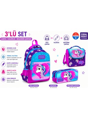 Coral High Okul Çantası Mor Pembe 23492+IKI Bölmeli Kalem Çantası 22397+ Beslenme 11856