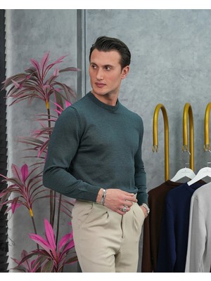 Modefendicom Slim Fit Kalıp Pamuk Likra Sade Bisiklet Yaka Triko Kazak