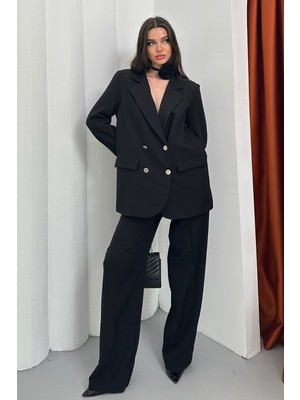 AKD Atelier Kadın Ikili Blazer Ceket Pantolon Takım Aksesuar ve Düğme Detaylı Bol Paça