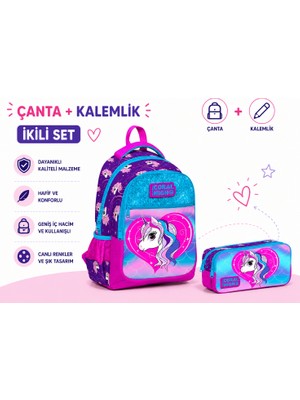 Coral High Okul Çantası Mor Pembe 23492+IKI Bölmeli Kalem Çantası 22397