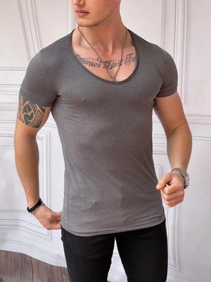 Modefendicom Slim Fit Derin Açık Yaka Pamuklu Tshırt
