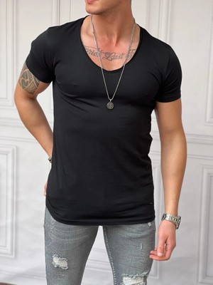 Modefendicom Slim Fit Derin Açık Yaka Pamuklu Tshırt