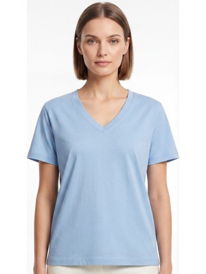 goffra Kadın Vision V Yaka Premium Kalite Yoğun Dokulu Pamuklu T-Shirt Açık Mavi W102-R0220-04