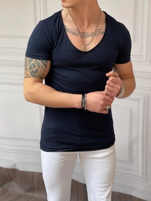 Modefendicom Slim Fit Derin Açık Yaka Pamuklu Tshırt