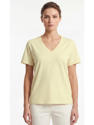 goffra Kadın Vision V Yaka Premium Kalite Yoğun Dokulu Pamuklu T-Shirt Sarı W102-R0220-03