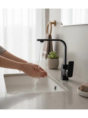 İsaoğlu Yapı Mat Siyah Lavabo Bataryası 360 Derece Dönebilen Yüksek Model Banyo Lavabo Armatür Siyah