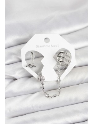Mey Ithalat® Pirinç Gümüş Renk Sarmal Model Zincir Bağlantılı Ear Cuff Küpe Seti