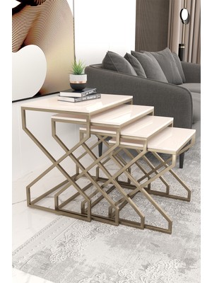 Cos.kim Liva 4lü Zigon Sehpa Yan Sehpa Pirinç Eskitme Rengi Traverten Desen Mdf Membran