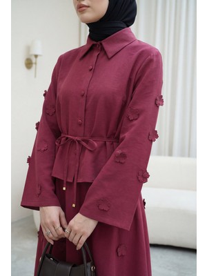 Moda Morfo Kolları Ve Eteği Çiçekli Beli Bağcıklı Gömlek Etek İkili Modal Takım   -Mürdüm