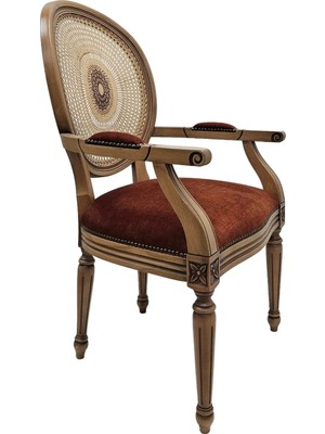 Hasağaç Zaro Klasik Oval Rattan Sırtlı Bordo Kumaş Döşemeli Oymalı Ahşap Kolçaklı Sandalye