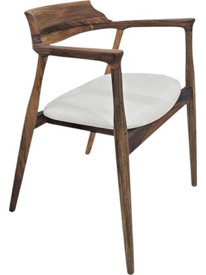Hasağaç Meta Modern Ergonomik Masif Ahşap Ceviz Rengi Kollu Beyaz Minderli Sandalye