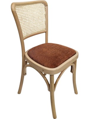 Hasağaç Anzio Modern Doğal Ahşap Rattan Detaylı Kiremit Minderli Çapraz Ayaklı Sandalye