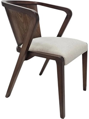 Hasağaç Vibe Modern Ceviz Tonu Ahşap Kavisli Kolçaklı Sandalye Krem Kumaş Oturma Alanlı