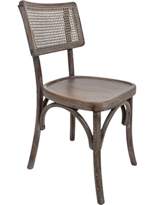 Hasağaç Ahşap Eskitme Ceviz Rattan Hasır Sırtlı Kavisli Ayaklı Bentwood Modern Sandalye
