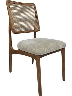 Hasağaç Moderno Ceviz Ahşap Rattan Sırtlı Bej Kumaş Modern Sandalye