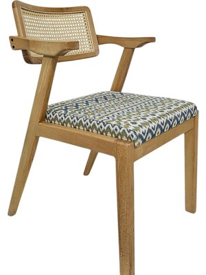 Hasağaç Cosenza Modern Rattan Hasır Sırtlı Kolçaklı Ahşap Doğal Renk Desenli Minderli Sandalye