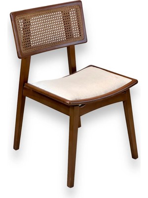 Hasağaç Carpino Modern Sandalye Doğal Rattan Sırtlı Masif Ceviz Renk Krem Kumaş