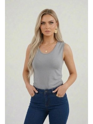 Hashtag Kadın Kolsuz Basic Düz Body Esnek Günlük Şık U Yaka Prenses Yaka
