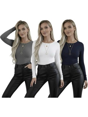 Hashtag Kadın Uzun Kollu Bisiklet Yaka Viskon Basic Body – Gri Beyaz Lacivert Şık Günlük Üst