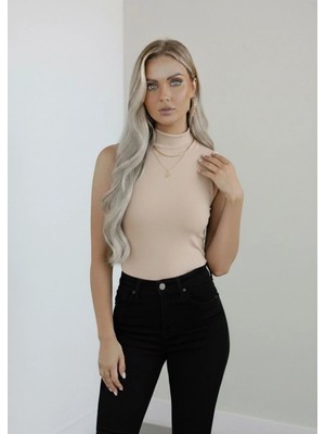 Hashtag Kadın Sıfır Kol Kolsuz Body Viskon Boğazlı Body Bej