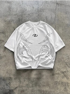 Oversize Siyah Beyaz Erkek Tişört Beyaz Tribal Baskılı %100 Pamuk Modern Streetwear