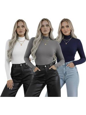 Hashtag Kadın Balıkçı Yaka Uzun Kollu Body Viskon Kumaş 3'lü Set Düz Model Normal Kalınlık