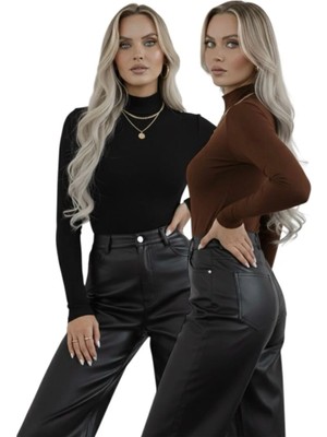Hashtag Kadın Balıkçı Yaka Uzun Kollu Body – Basic Düz Model 2'li Paket