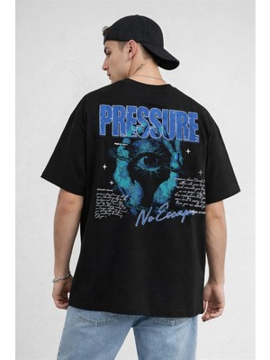 Unisex Oversize Siyah Tişört – “pressure / No Escape” Baskılı, 250 Gsm %100 Pamuk, Arka Baskı