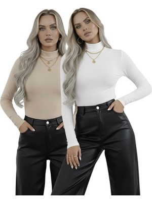 Hashtag Kadın Balıkçı Yaka Uzun Kollu Body 2'li Set Viskon Kumaş