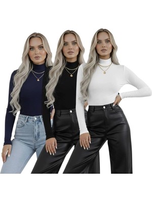 Hashtag Kadın Balıkçı Yaka Uzun Kollu Body 3'lü Set Viskon Kumaş