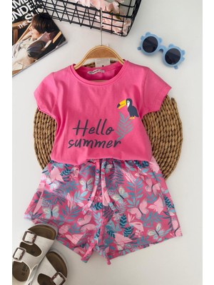 Miniğimin Cicileri Hello Summer Baskılı Kız Çocuk Şortlu Takım - Fuşya