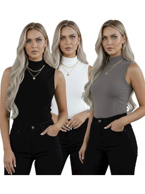 Hashtag Kadın 3'lü Sıfır Kol Kolsuz Body Boğazlı Viskon Body