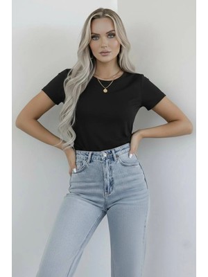 Hashtag Kadın Basic Tişört Pamuklu Kısa Kollu Bisiklet Yaka Günlük Rahat