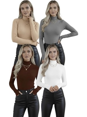 Hashtag Kadın Balıkçı Yaka Parmak Detaylı Body 4'lü Set Viskon Kumaş