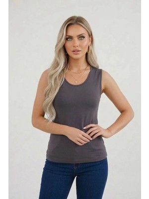 Hashtag Kadın Kolsuz Basic Düz Body Esnek Günlük Şık U Yaka Prenses Yaka