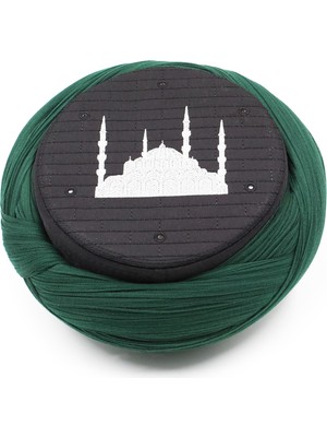 Sarıkhane Cami Sarığı - Yeşil Kumaş - Siyah Takke - Çapraz Sarım - Cami Nakışlı - 7 Metre