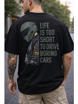 Premium Oversize Siyah Tişört – %100 Pamuk, Kalın Kumaş, Life Is Too Short Statement Baskı