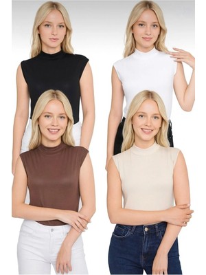 Hashtag Kadın 4'lü Sıfır Kol Kolsuz Body Viskon Boğazlı Body 4 Adet Balıkçı Siyah-Beyaz-Kahverengi-Bej